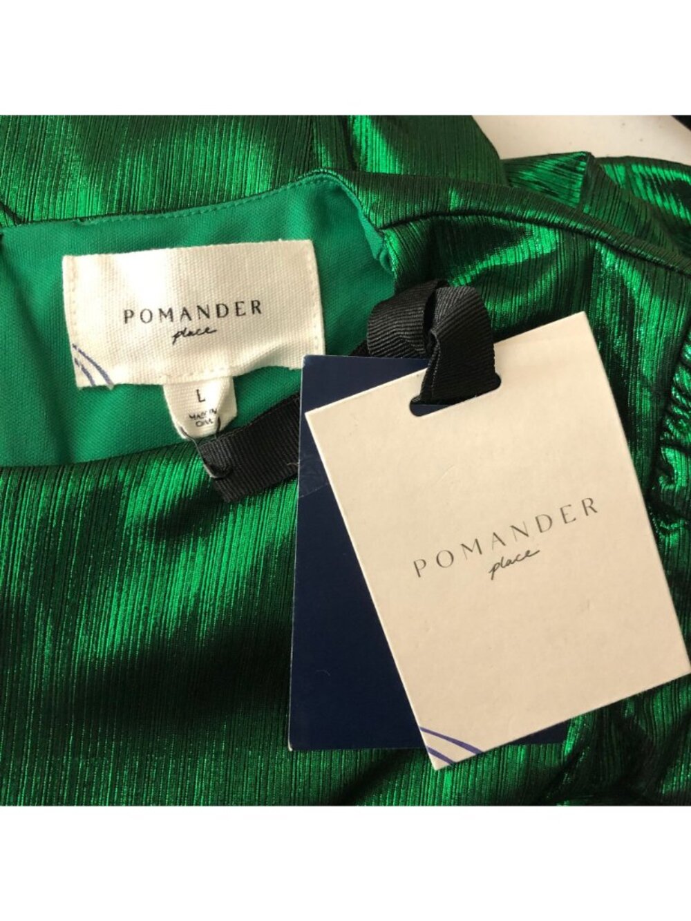 Pomander Place Emerald Crinkle Lurex Lillith Dress Metallic Green Bell Sleeve L - Picture 4 of 5